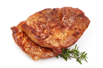 Roasted juicy pork steak with rosemary, BBQ dishes, isolated on white background.