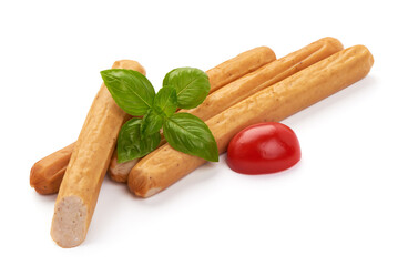 Chicken hot dog sausages, close-up, isolated on white background.