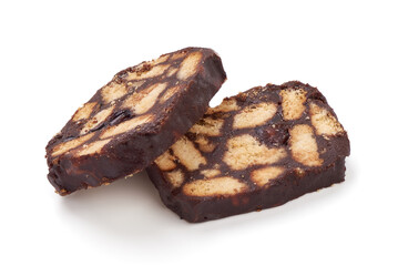 Homemade sweet chocolate salami, isolated on white background.