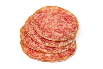 Cured salami sausage, Italian sausage with mold, isolated on white background.