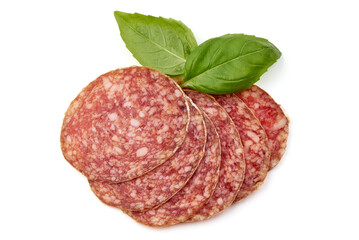 Cured salami sausage, Italian sausage with mold, isolated on white background.