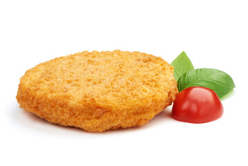 Fried Chicken schnitzel cordon bleu with cheese in breadcrumbs, restaurant food, isolated on white...