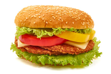 Fresh tasty burger, american hamburger, fastfood, isolated on white background.