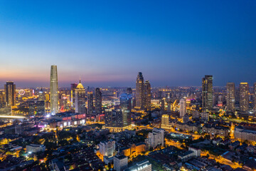 Fototapeta premium Aerial view of Tianjin city buildings at night