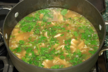 View of a pot with chicken avocado soup ready to be served and topped  with avocado