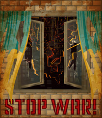 Stop War card, ruined city in broken window. vector illustration