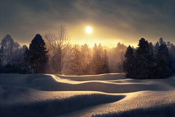 Sunrise in a snowy winter landscape. 