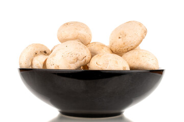 Several fresh mushrooms in a black ceramic plate, close-up, isolated on a white background.