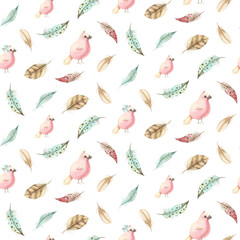 Watercolor Seamless Patterns Feathers Cute Birds Nest Colorful 