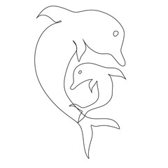 Continuous One Line Drawning Dolphins Playing Sea Stock. One Line Art Dolphin. Line art vector. Line drewing.
