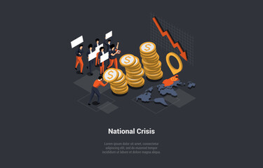 Global World Crisis Concept. Aggressive People Strike Against Price Increases. Economic Decline, Downfall, Inflation, Devaluation, Stock market Crash, And Bankruptcy. Isometric 3d Vector Illustration