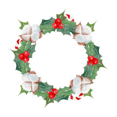 Watercolor christmas wreath with place for text (with cotton). For designing social media, stationery, printing on objects, etc.