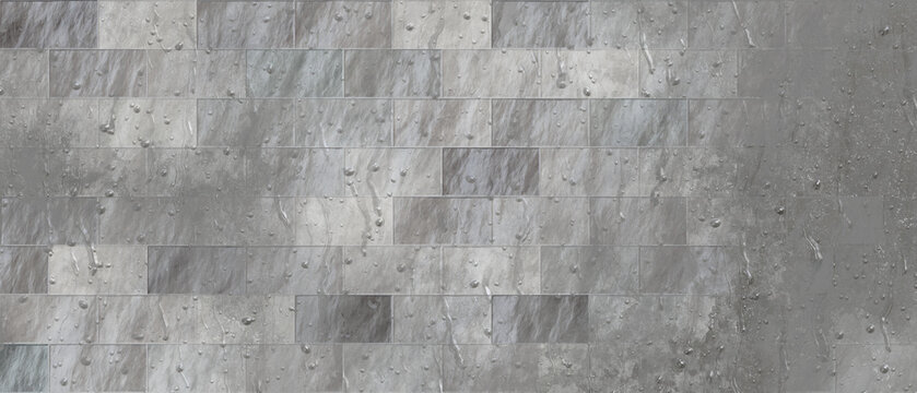 Fototapeta Abstract grey brick wall with cement parts. Shabby material, Reflection wet nature grey shades raindrops in gradient colors, smear drop condensation bubble set. Stucco brickwork