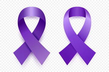 Vector 3d Realistic Purple Ribbon Set. Pancreatic Cancer Awareness Symbol Closeup. Cancer Ribbon Template. World Pancreatic Cancer Day Concept