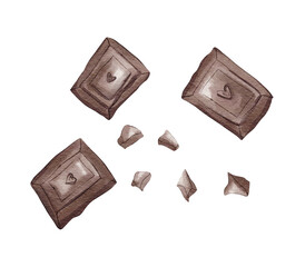 Chocolate pieces watercolour food illustration isolated on white background