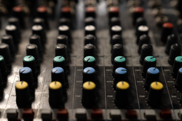 Mixer control. Music engineer. Backstage controls on an audio mixer, Sound mixer. Professional...