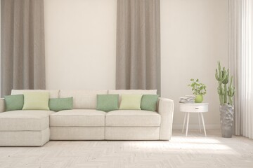 White living room with sofa. Scandinavian interior design. 3D illustration