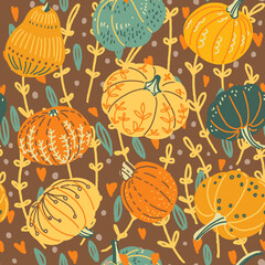 Cute autumn pumpkins and twigs - vector seamless pattern