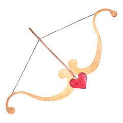 cupid's arrow with heart watercolor on white background