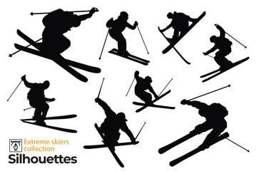 Set of isolated silhouettes of ski riders. Silhouettes of people practicing winter sports. - obrazy, fototapety, plakaty