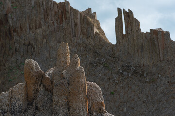 natural volcanic landscape, tops of jagged rocks formed by columnar basalt