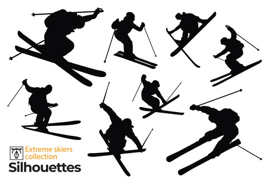 Set of isolated silhouettes of ski riders. Silhouettes of people practicing winter sports.