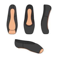 Set of color illustrations with black pointe shoes, ballet shoes. Isolated vector objects on white background.