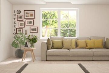 Minimalist living room in white color with sofa and summer landscape in window. Scandinavian interior design. 3D illustration