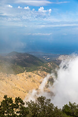 Landscape in the clouds under Mount Pantokrator on the island of Corfu
