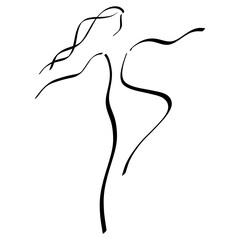 lovely slender young woman goes in for sports or dancing, black abstract outline on white background