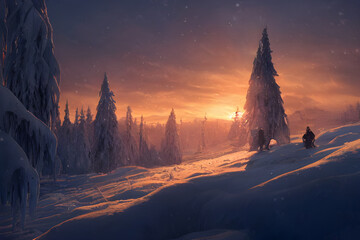 Sunrise in a snowy winter landscape. 