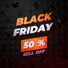 Black Friday special offer banner design template, 3d design with orange text and 3d geometric stars background