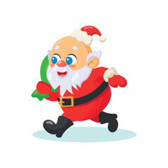 Happy santa running with bag in hands