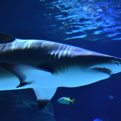 Great white shark bottom view showing teeth row in clear blue water