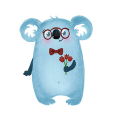 Koala with a bouquet of flowers. Children's illustration is suitable for creating greeting cards, invitations. - 530883598