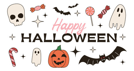 Halloween background. Set of Halloween elements in retro groovy style.