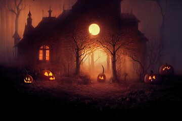 Gloomy background for Halloween. Landscape with pumpkins and neon, dramatic, dry branches, tree silhouettes, scary night. 3D illustration	
