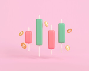 3d render stock trading graph with coin on background. business finance concept and banking. money exchange rate. cash flow, return on investment. 3d rendering illustration icon minimal style.