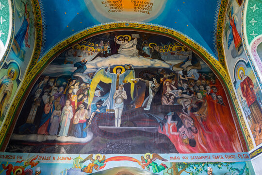 Ukraine. Satanov. August 29, 2022. Frescoes on the wall in the monastery in the city of Sataniv. Last judgment and hell in the picture.