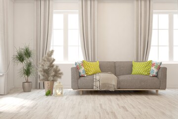 White living room with sofa. Scandinavian interior design. 3D illustration