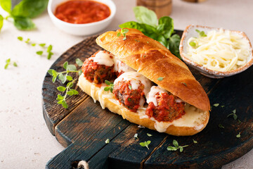 Meatball sub sandwich with marinara and mozzarella