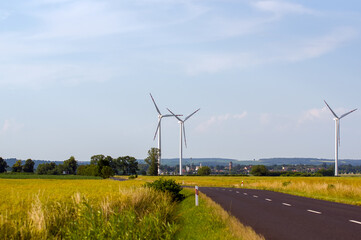 Fototapeta Pole rzepaku i droga, w tle turbiny wiatrowe i góry obraz