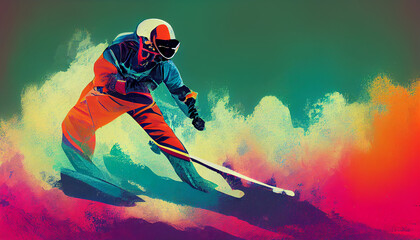 Fototapeta na wymiar Poster of an abstract man doing winter sports. Winter sport event poster. 