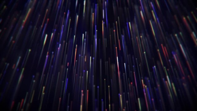 A stream of flowing multicolored digital fiber optic light data node particles. Communication and connectivity concept. Full HD and looping technology motion background animation.