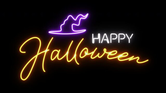 Happy Halloweeen neon animated sign. Whitch`s hat. 4K. Seamless loop. Alpha channel.