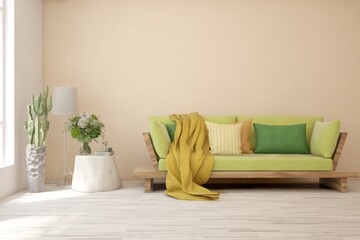 Stylish room in white color with sofa. Scandinavian interior design. 3D illustration