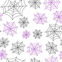 Spider web. Halloween vector seamless pattern. Halloween symbols in doodle style. Traditional holiday images. Design for packaging. Isolated background.