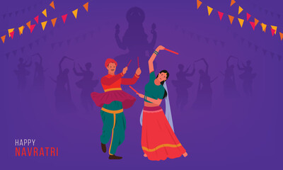 Fototapeta na wymiar Happy Navratri Text with Durga vector illustration and Couple playing Dandiya dance, Garba night poster for Navratri Dussehra festival of India.