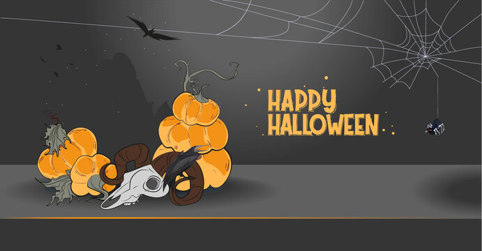 Happy Halloween banner or party invitation background with night clouds and pumpkins.. Full moon in the sky, spiders web and flying bats. Place for text