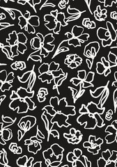 Artistic flowers with leaves monochrome seamless repeat pattern. Random placed, hand drawn, vector abstract floral all over surface print on black background.